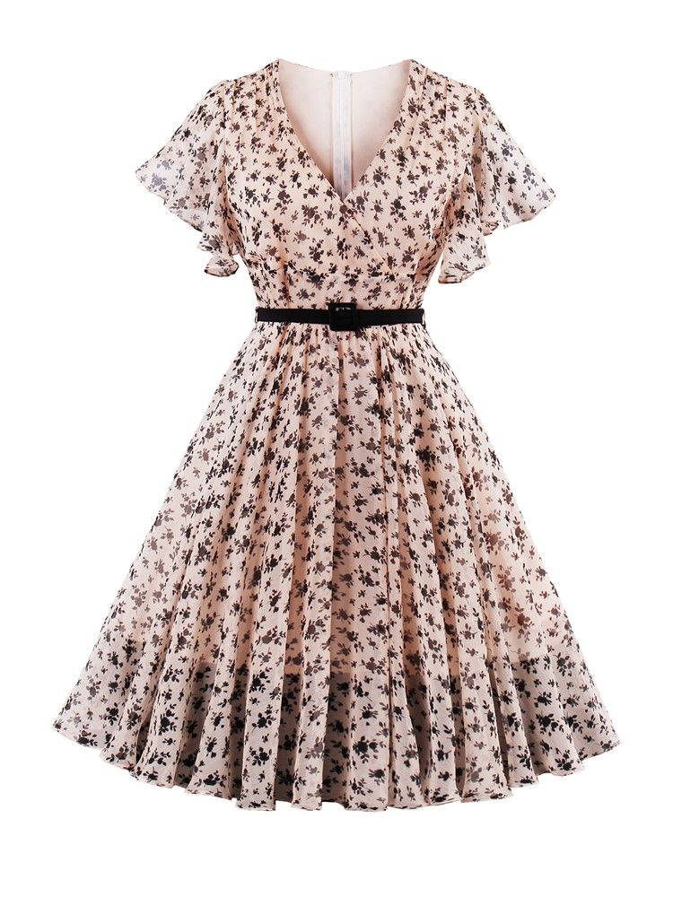 Vestido Feminino De Chiffon Floral Falbala-trim Flowy A Line