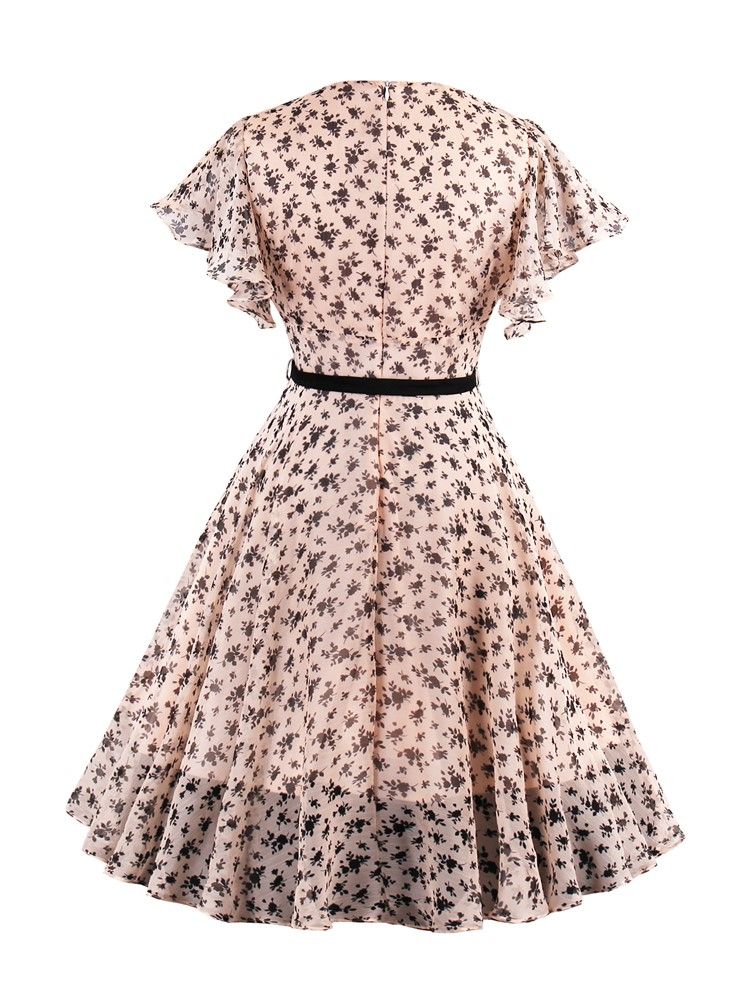 Vestido Feminino De Chiffon Floral Falbala-trim Flowy A Line