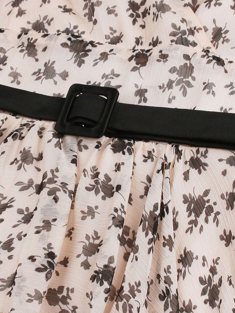 Vestido Feminino De Chiffon Floral Falbala-trim Flowy A Line