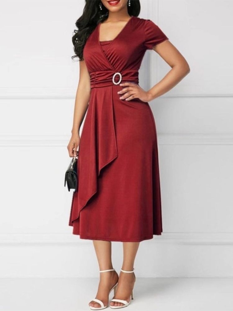 Vestido Feminino De Cintura Alta De Manga Curta Plissada De Manga Curta