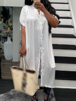 Vestido Feminino Com Botão Da Panturrilha Curta Manga Curta Simples Branco Com Peito Único