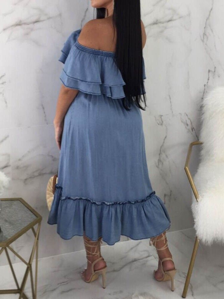 Vestido Feminino Com Botão Da Panturrilha E Ombro Largo Em Linha A