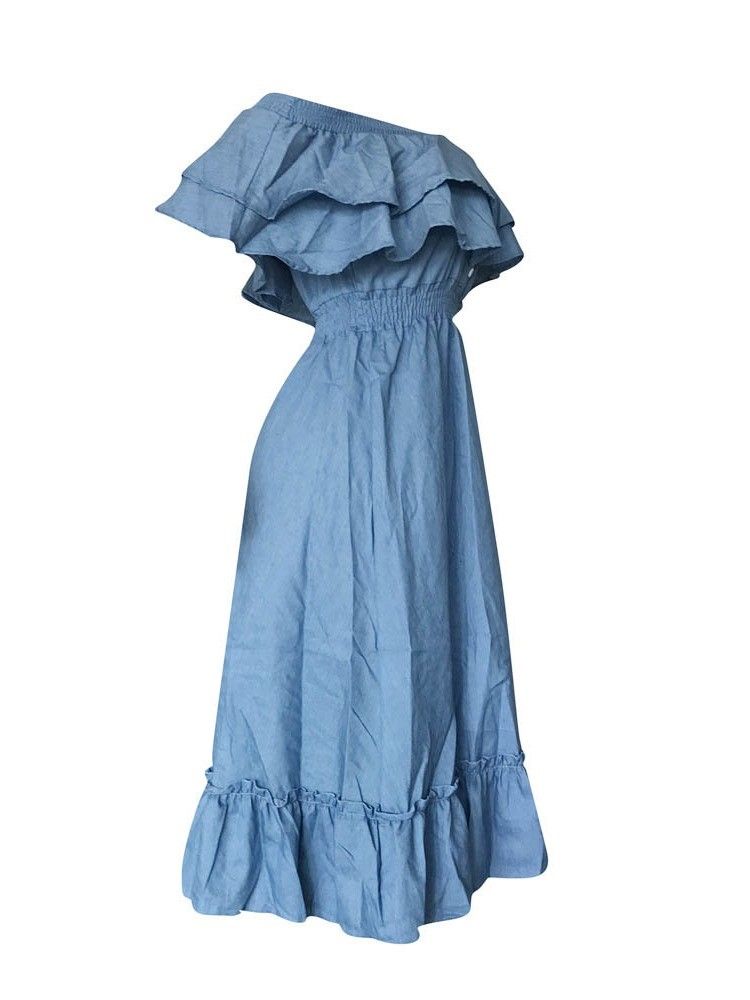 Vestido Feminino Com Botão Da Panturrilha E Ombro Largo Em Linha A