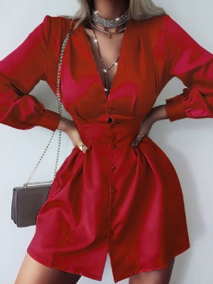 Vestido Feminino Com Botão De Manga Nove Pontos Com Decote Em V Liso Com Peito Único