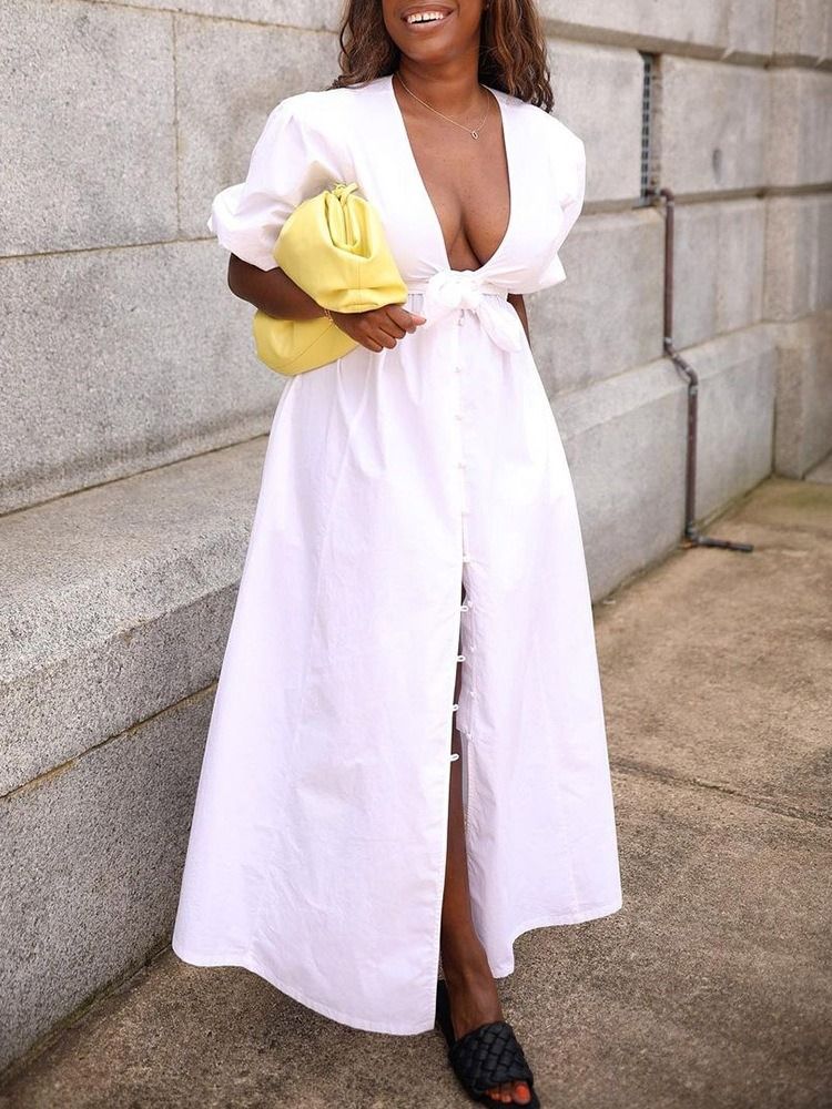 Vestido Feminino Com Botão Na Altura Do Tornozelo Manga Curta Linha A Liso Maxi Branco