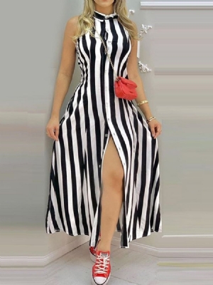 Vestido Feminino Com Colarinho Longo Com Gola Na Altura Do Tornozelo E Listra De Peito Único