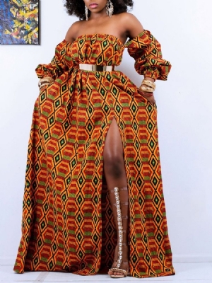 Vestido Feminino Com Cordões Até O Chão Manga De Nove Pontos Ombro Frio Cintura Alta