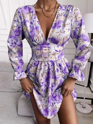 Vestido Feminino Com Decote Em V Acima Do Joelho Manga Comprida Floral Em Linha A