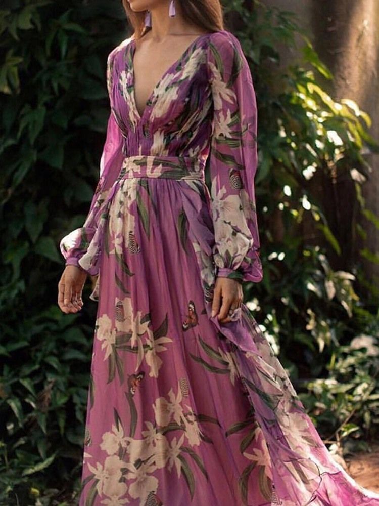 Vestido Feminino Com Decote Em V Até O Chão Estampado Vestido Lady Lady Line A
