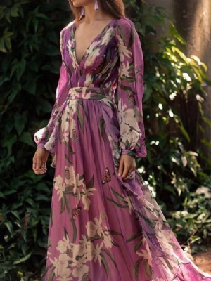 Vestido Feminino Com Decote Em V Até O Chão Estampado Vestido Lady Lady Line A