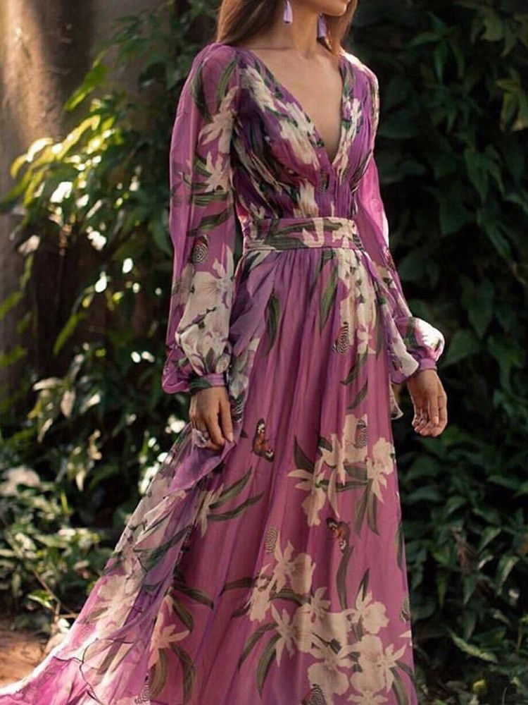 Vestido Feminino Com Decote Em V Até O Chão Estampado Vestido Lady Lady Line A