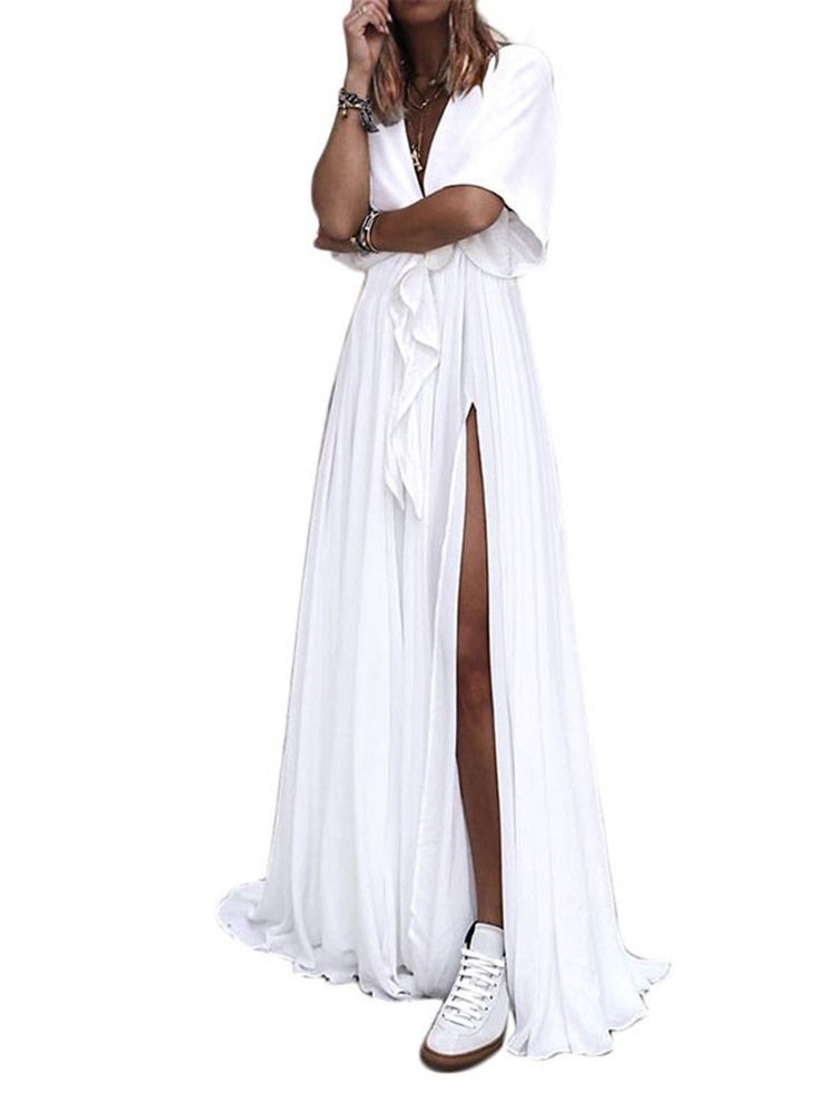 Vestido Feminino Com Decote Em V Até O Chão Manga Curta Dividida Em Corte A