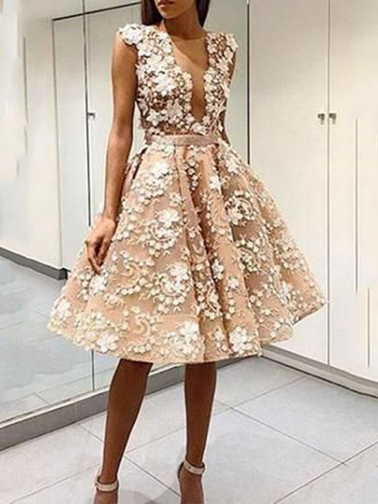 Vestido Feminino Com Decote Em V E Sem Mangas Coquetel Estilo A-line