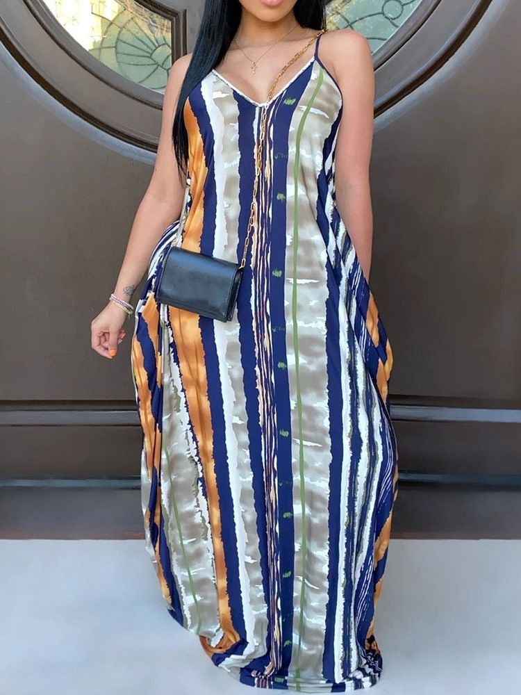 Vestido Feminino Com Decote Em V Estampado Até O Chão Em Alça Espaguete