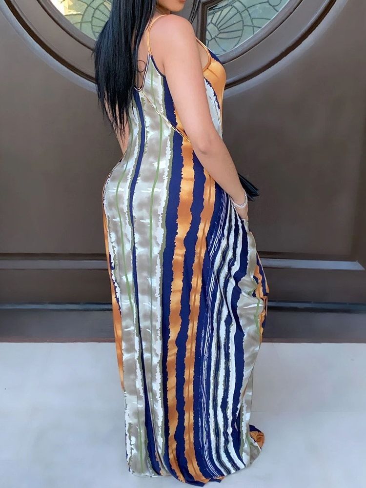 Vestido Feminino Com Decote Em V Estampado Até O Chão Em Alça Espaguete