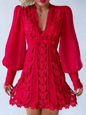 Vestido Feminino Com Decote Em V Manga Comprida Acima Do Joelho Liso Linha A