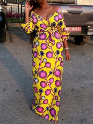 Vestido Feminino Com Decote Em V Manga Comprida Estampado Doce Primavera