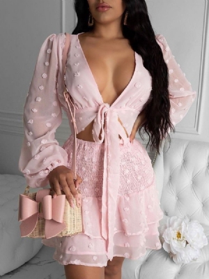 Vestido Feminino Com Decote Em V De Manga Comprida Pulôver Plissado De Outono