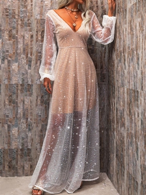 Vestido Feminino Com Decote Em V Manga Comprida Sem Costas Cor Bloco Maxi