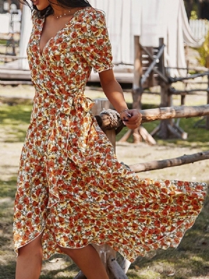 Vestido Feminino Com Decote Em V Manga Curta Cano Médio Linha A Cor Bloco