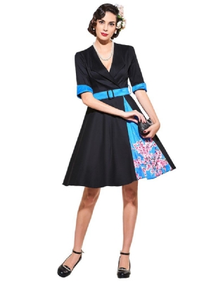 Vestido Feminino Com Decote Em V De Manga Longa Vintage A Line
