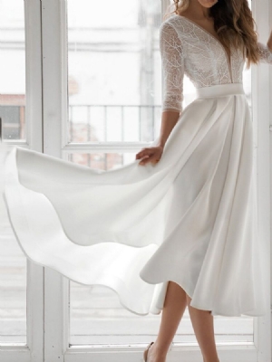 Vestido Feminino Com Decote Em V Manga Três Quartos Meia Panturrilha A-line