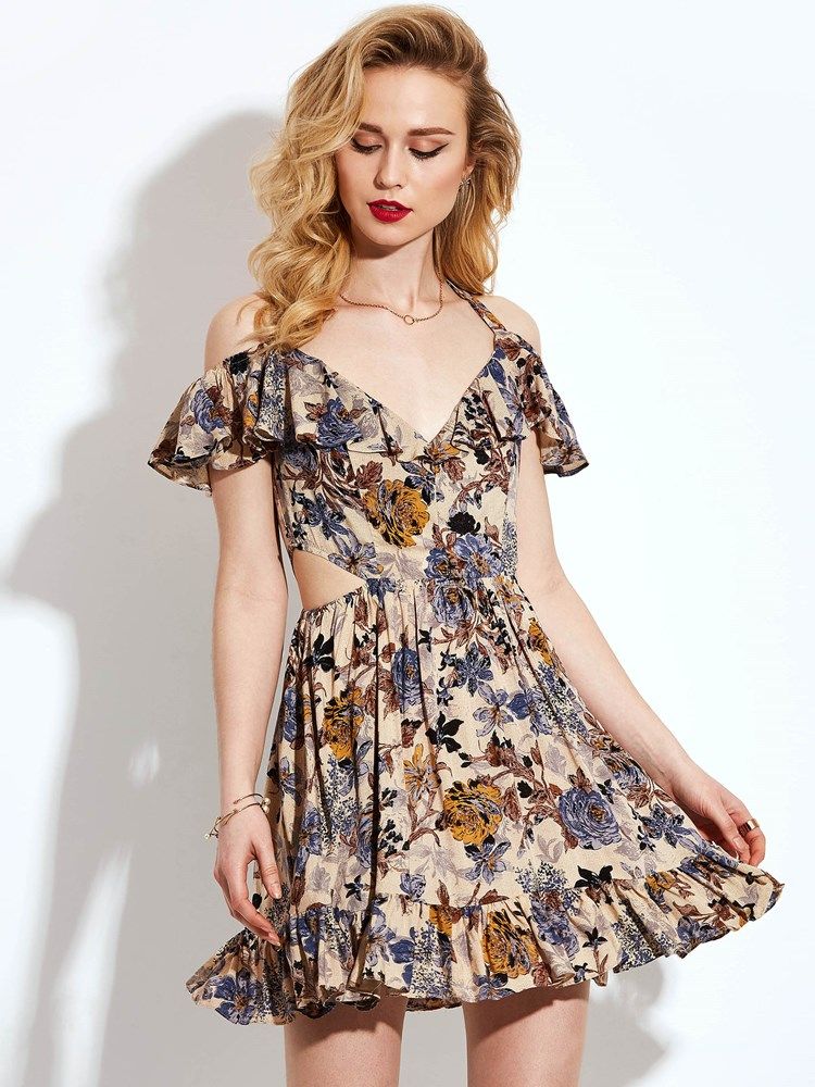 Vestido Feminino Com Decote Em V Pregueado Com Estampa De Linha