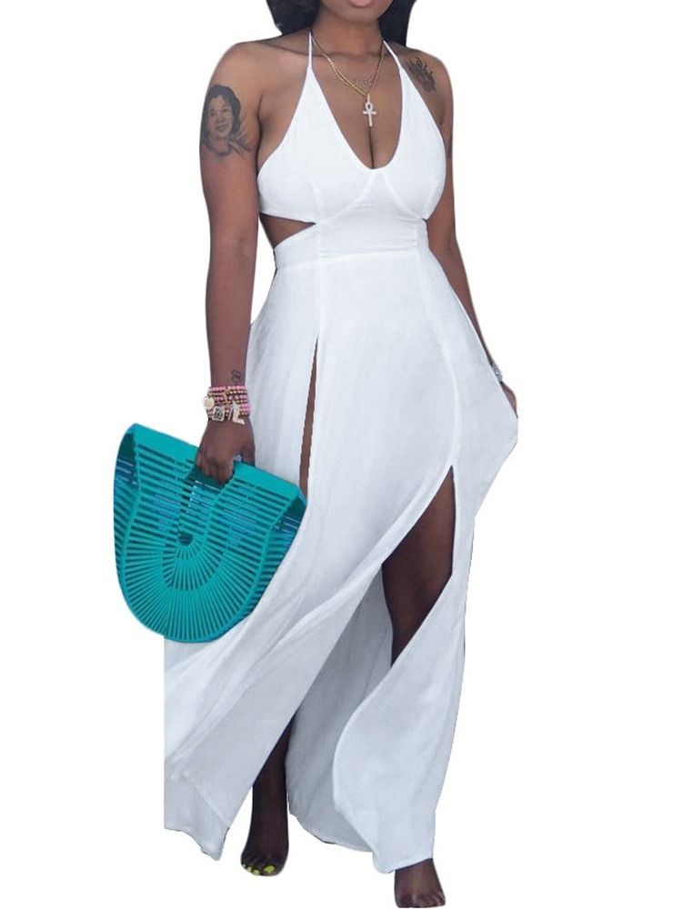 Vestido Feminino Com Decote Em V Sem Encosto E Liso Até O Chão