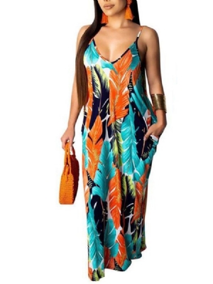 Vestido Feminino Com Decote Em V Sem Mangas Estampado Com Alça Espaguete Sexy