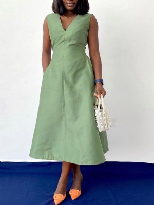 Vestido Feminino Com Decote Em V Sem Mangas Patchwork Em Linha A