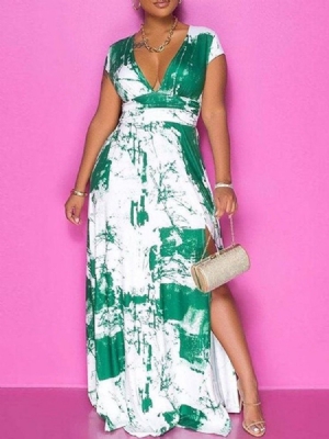Vestido Feminino Com Estampa Até O Chão E Decote Em V