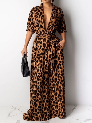 Vestido Feminino Com Estampa Até O Chão Meia Manga Moda Leopardo