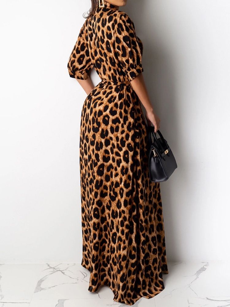 Vestido Feminino Com Estampa Até O Chão Meia Manga Moda Leopardo