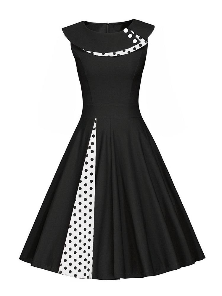 Vestido Feminino Com Estampa De Bolinhas Panturrilha Média E Patchwork