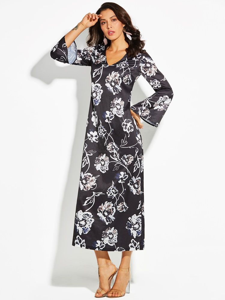 Vestido Feminino Com Estampa Floral Com Estampa Floral E Manga Larga