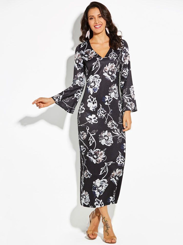 Vestido Feminino Com Estampa Floral Com Estampa Floral E Manga Larga
