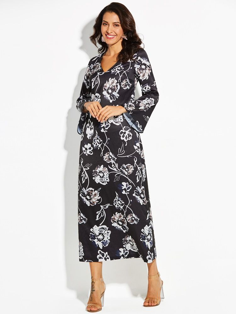 Vestido Feminino Com Estampa Floral Com Estampa Floral E Manga Larga