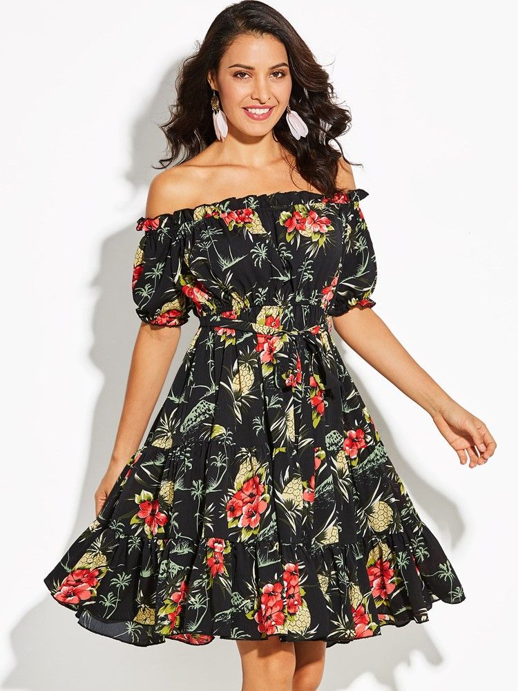 Vestido Feminino Com Estampa Floral Sem Ombro