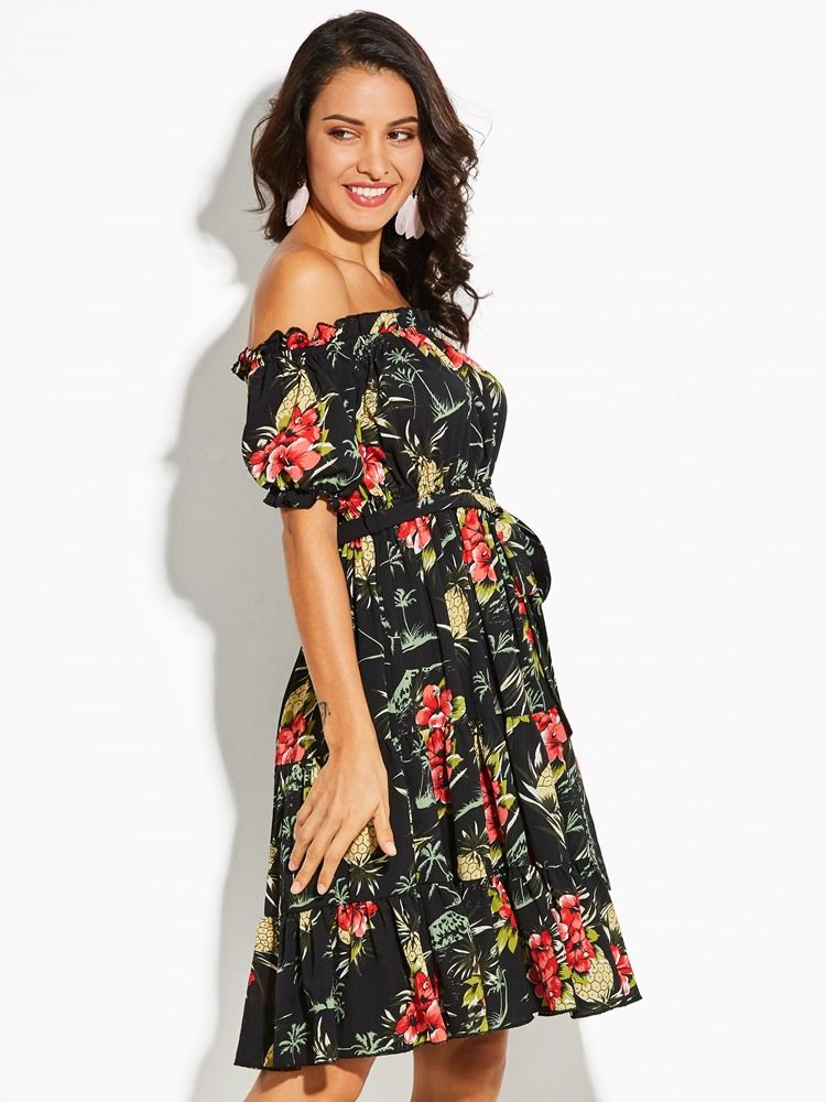 Vestido Feminino Com Estampa Floral Sem Ombro