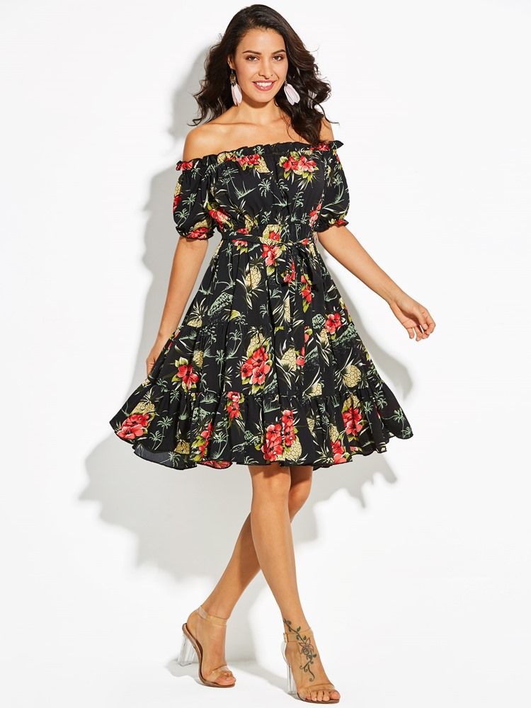 Vestido Feminino Com Estampa Floral Sem Ombro