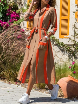 Vestido Feminino Com Estampa De Manga Comprida Panturrilha Média E Cintura Média