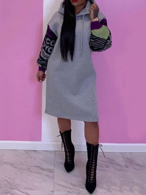 Vestido Feminino Com Estampa De Manga Longa Com Capuz Lanterna Manga Média