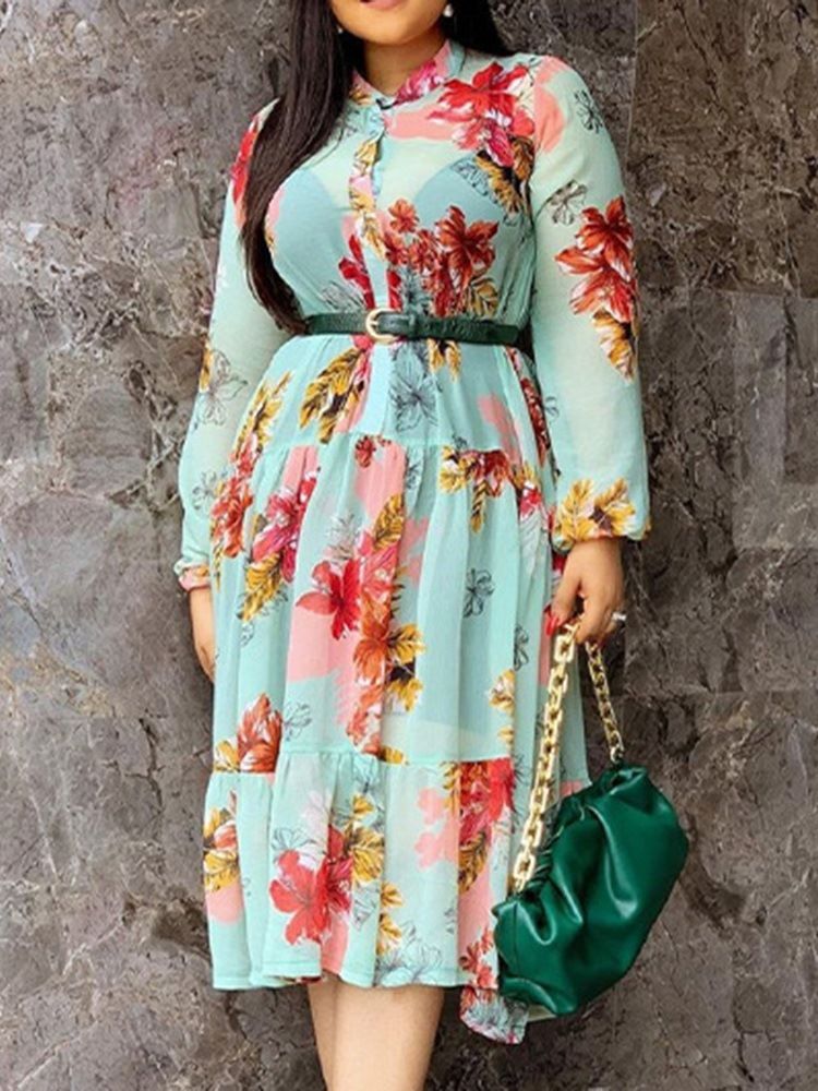 Vestido Feminino Com Estampa De Manga Longa Cor Média Na Panturrilha Em Bloco A
