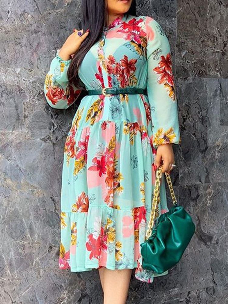 Vestido Feminino Com Estampa De Manga Longa Cor Média Na Panturrilha Em Bloco A