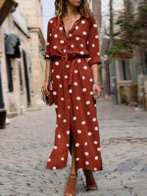 Vestido Feminino Com Estampa De Manga Três Quartos E Bolinhas Na Altura Do Tornozelo Vestido De Peito Único