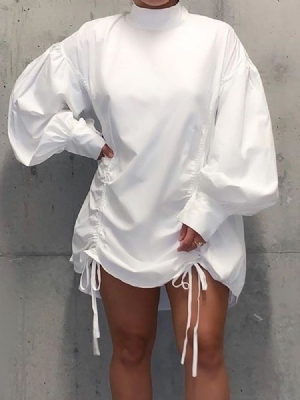 Vestido Feminino Com Gola Acima Do Joelho Pulôver Pregueado Em Linha A
