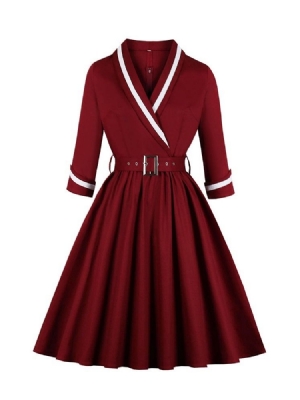 Vestido Feminino Com Gola Em V Meia Canela E Manga Três Quartos Regular Em A
