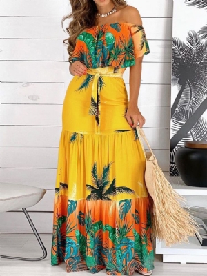 Vestido Feminino Com Manga Curta Curta Até O Chão Plant Line A