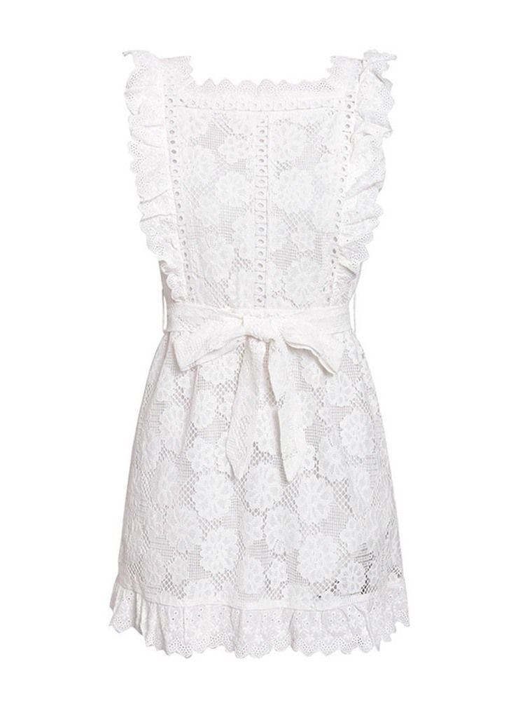 Vestido Feminino Com Manga Oca Acima Do Joelho Liso De Renda