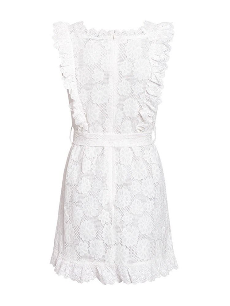 Vestido Feminino Com Manga Oca Acima Do Joelho Liso De Renda